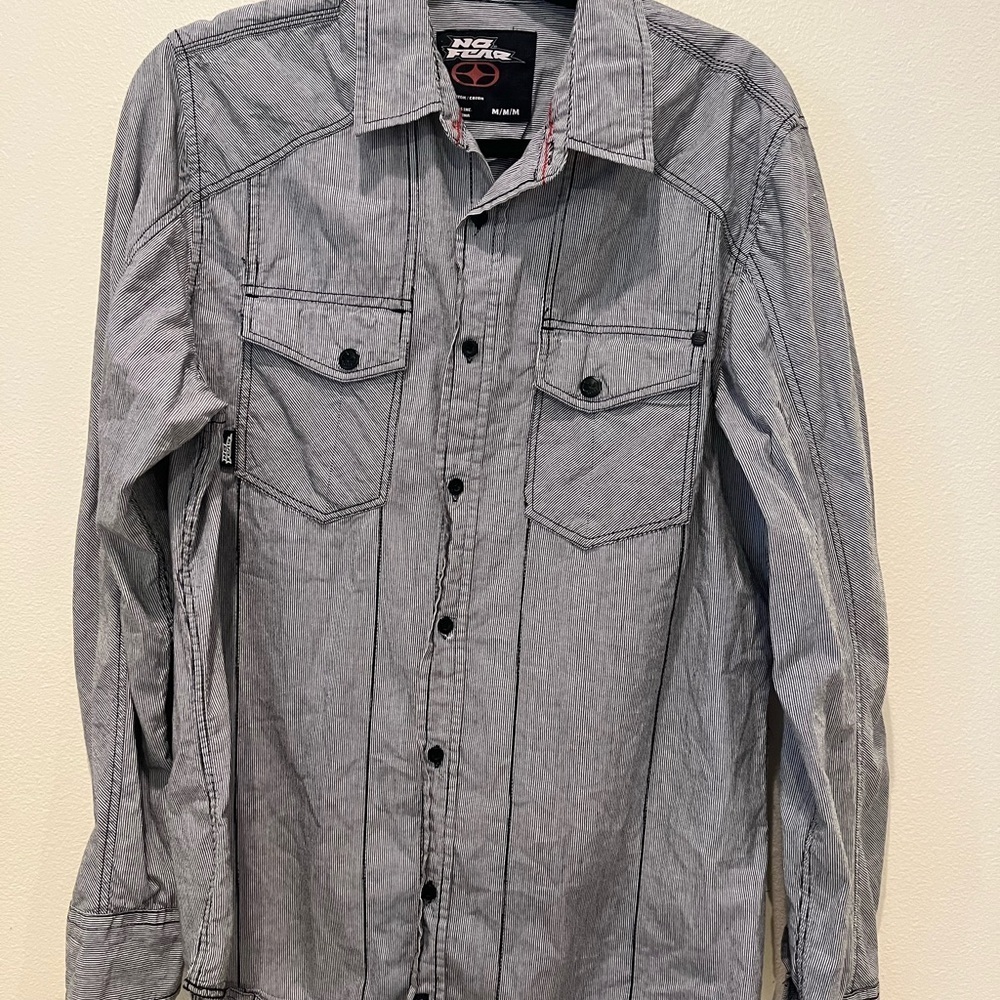 No Fear Black and White Striped Casual Button Down Shirt